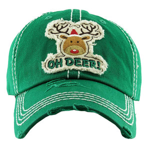 Green Christmas Cotton OH DEER! Rudolph Vintage Baseball Cap. Fun cool Christmas themed vintage cap. Perfect for walks in sun, great for a bad hair day. The distressed frayed style with faded color gives it an awesome vintage look. Soft textured, embroidered message with fun statement will become your favorite cap.