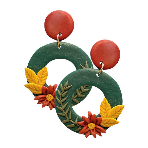 Green Christmas Wreath Polymer Clay Dangle Earrings; get into the Christmas spirit with our gorgeous handcrafted Christmas earrings, they will dangle on your earlobes & bring a smile to those who look at you. Perfect Gift December Birthdays, Christmas, Stocking Stuffers, Secret Santa, BFF, etc 