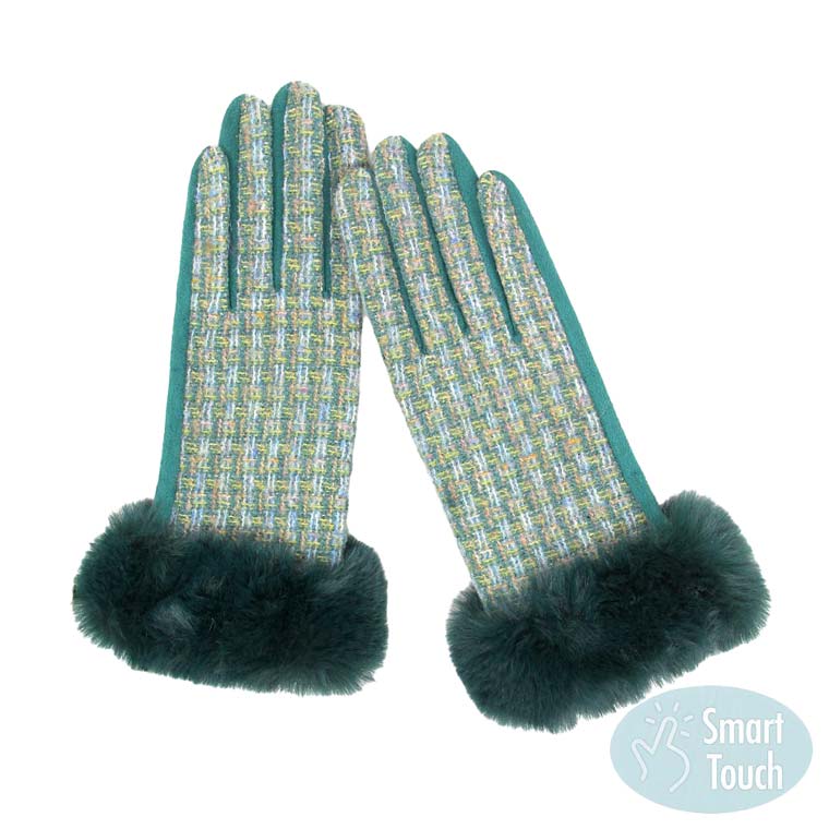 Green Classic Tweed Faux Fur Cuff Trim Smart Gloves, are extra warm, cozy, and beautiful Faux Fur Cuff Smart Gloves that will protect you from the cold weather while you're outside and amp your beauty up in perfect style. It's a comfortable, Classic Trim Smart glove that will keep you perfectly warm and toasty. It's finished with a hint of stretch for comfort and flexibility.