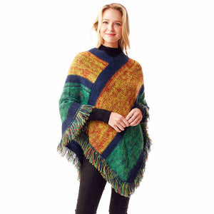 Green Colorful Vertical Stripe Patterned Poncho Faux Fur Outwear, the perfect accessory, luxurious, trendy, super soft chic capelet, keeps you warm & toasty. You can throw it on over so many pieces elevating any casual outfit! Perfect Gift Birthday, Holiday, Christmas, Anniversary, Wife, Mom, Special Occasion