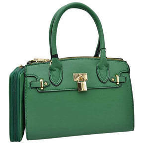 Green Elegant 2 In 1 Women's Medium Top Handle Satchel Totes Handbag with Wallet, 2 in 1 satchel handbag with matching wallet, is perfect to accompany you to work or go shopping. With this top handle, you can wear the bag elegantly on the shoulder. The large main compartment gives a lot of storage space, so you can place all purchases but also valuables and documents in it. The fashionable pattern of the shoulder bag also go well with chic business looks as well as casual everyday styling. 