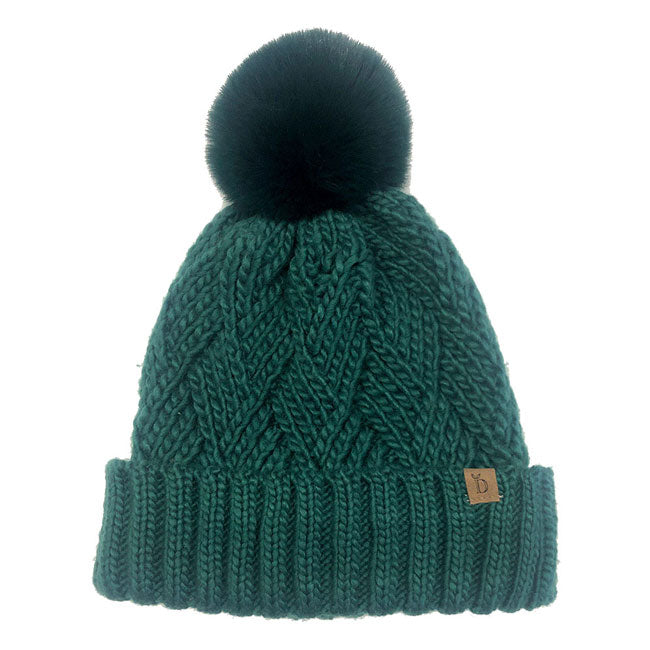 Green Faux Fur Pom Pom Cable Knit Beanie Hat, Accessorize the fun way with this pom pom beanie hat, the autumnal touch you need to finish your outfit in style. Awesome winter gift accessory! Perfect Gift Birthday, Christmas, Holiday, Anniversary, Valentine’s Day, Loved One.