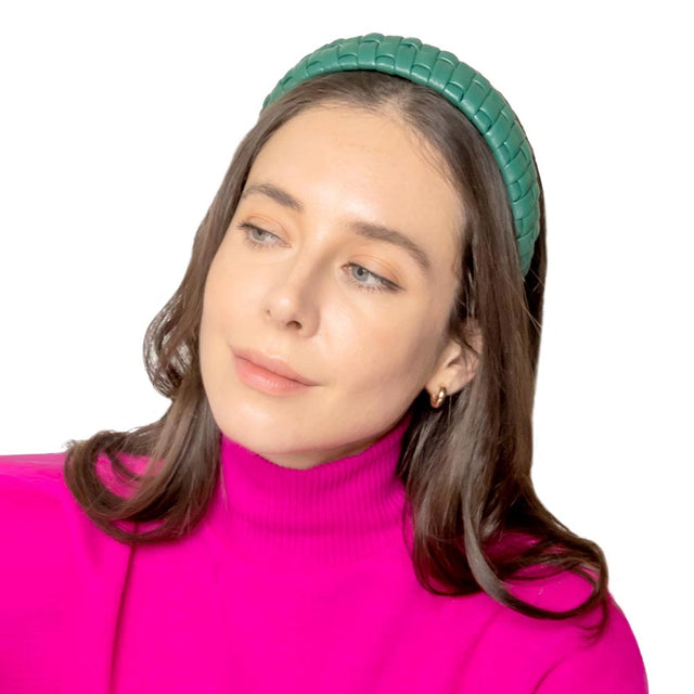 Green Faux Leather Padded Plaid Braided Headband,  Wear this braided headband to be the ultimate trendsetter and receive beautiful compliments.  This beautiful faux leather headband is easy to on and off, perfect lightweight, Push back your hair with this exquisite plaid headband to spice up any plain outfit and make it stylish in your ways! You will be protected in the harshest of elements, and fit securely around your head against your ears. The perfect accessory to save your hair from chill and