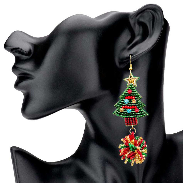 Green Felt Back Christmas Tree Beaded Ball Link Dangle Earrings. Christmas tree earrings jewelry will decorated your Christmas costumes, Earrings  would be awesome to wear all season and especially to your Christmas festivities. These make a great gift for someone who loves the magic of Christmas! Great gifts for Christmas, Thanks giving ,New Year and Birthday, Christmas, Stocking Stuffers, Secret Santa, BFF, etc.