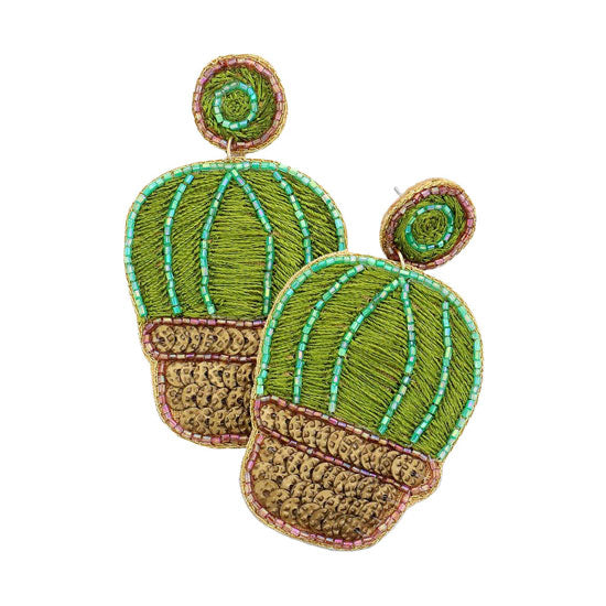  Green Felt Back Embroidery Cactus Dangle Earrings.  Take your love for statement accessorising to a new level of affection with these dangle cactus earrings! Highlight your appearance, grasp everyone's eye in your party. Perfect gift on Christmas, Valentine's Day, Anniversaries as well as birthday for your beloved ones.