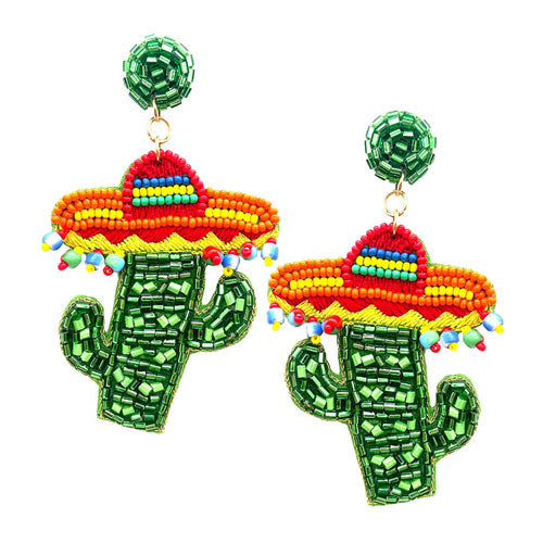 Felt Back Multi Beaded Hat Cactus Dangle Earrings - Green