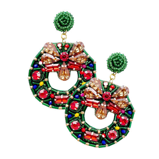 Green Felt Back Multi Stone Christmas Wreath Dangle Earrings. elegance and cuteness becomes you in these lightweight and playful, shiny glamorous Christmas wreath dangle earrings, the perfect accessory to add some sophisticated yet fun style to your next social event, bring a smile to those who look at you. Perfect Gift December Birthdays, Christmas, Stocking Stuffers, Secret Santa, BFF, etc