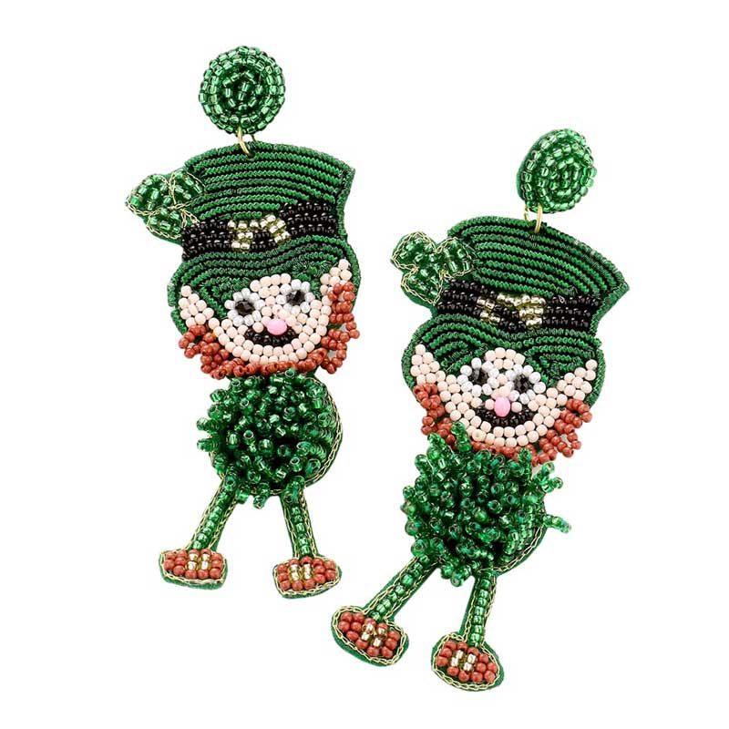 Green Felt Back Seed Bead ST Patrick's Day Clover Irish Man Dangle Earrings, these adorable beaded Irish Man dangle earrings are a wonderful accessory for your St.Patrick's Day outfit or anytime you need some extra luck! These playful Irish holiday cheer earrings feature leaf design accents with lucky green beads.