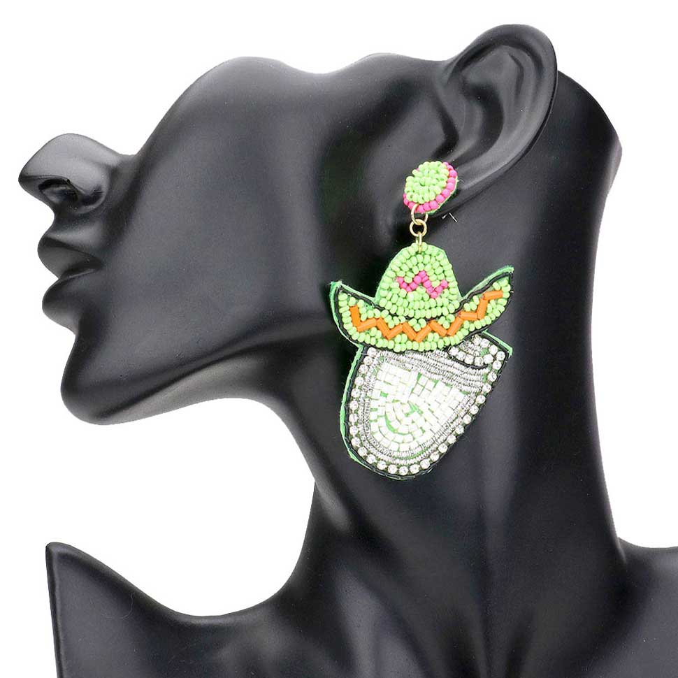 Green Felt Back Seed Beaded Cowboy Hat Accented Dangle Earrings, Seed Beaded Accented Dangle earrings fun handcrafted jewelry that fits your lifestyle, adding a pop of pretty color. Enhance your attire with these vibrant artisanal earrings to show off your fun trendsetting style. Great gift idea for Wife, Mom, or your Loving One.