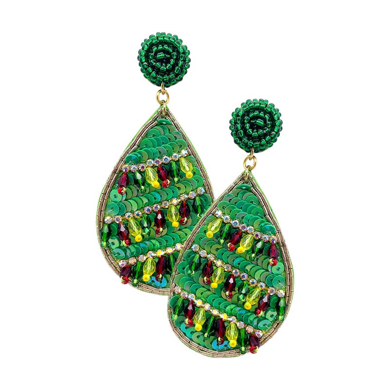 Green Felt Back Teardrop Sequin Beaded Dangle Earrings, perfect for the festive season especially Christmas to make your moments awesome. Well this set of beautiful beaded felt earrings are guaranteed to bedazzle any look. A fun statement accessory can tie any look together—pair with a hair scarf and sunglasses and you'll be very stylish! Perfect Gift idea for Birthdays, Christmas, Stocking Stuffers, Secret Santa, BFF, etc. Enjoy Christmas with absolute joy!