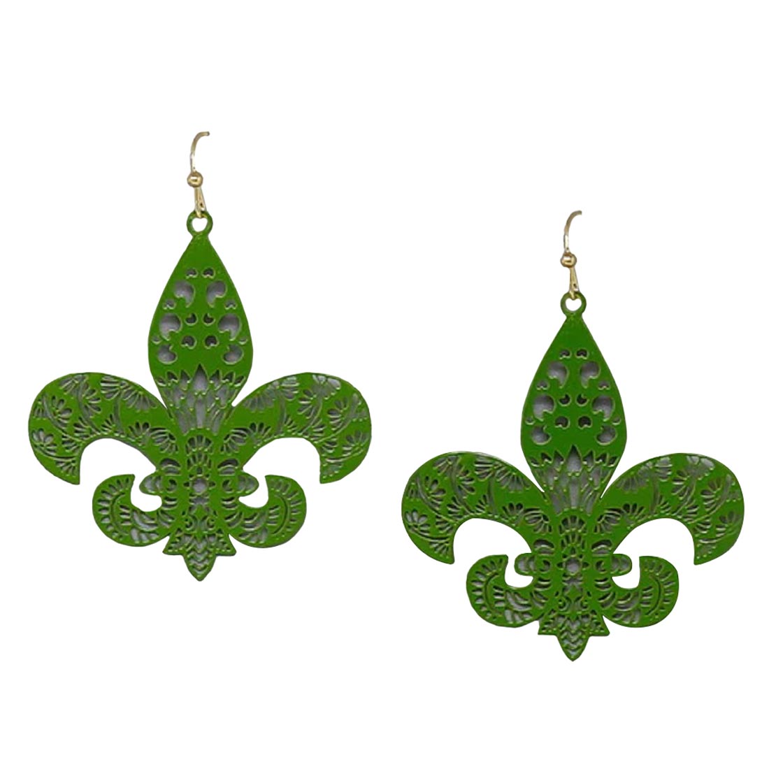 Green Fleur De Lis Lightweight Filigree Earrings, turn your ears into a chic fashion statement with these Fleur De Lis filigree earrings! Put on a pop of color to complete your ensemble stylishly with these Fleur de Lis-themed earrings. Highlight your appearance and grasp everyone's eye at any place. 