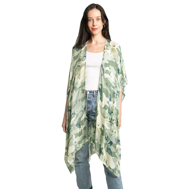 Green Floral Print Cover Up Kimono Poncho, The lightweight Kimono poncho top is made of soft and breathable Viscose material. short sleeve swimsuit cover up with open front design, simple basic style, easy to put on and down. Perfect Gift for Wife, Mom, Birthday, Holiday, Anniversary, Fun Night Out.