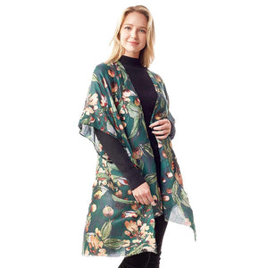 Green Floral Printed Gold Foil Accented Ruana Poncho, is an awesome and gorgeous accessory for enlightening your beautiful look and representing the perfect class with confidence. You'll love this gold foil gorgeous poncho and it will become a favorite accessory to enrich your attire. Throw it on over so many pieces elevating any casual outfit to get cute compliments. 