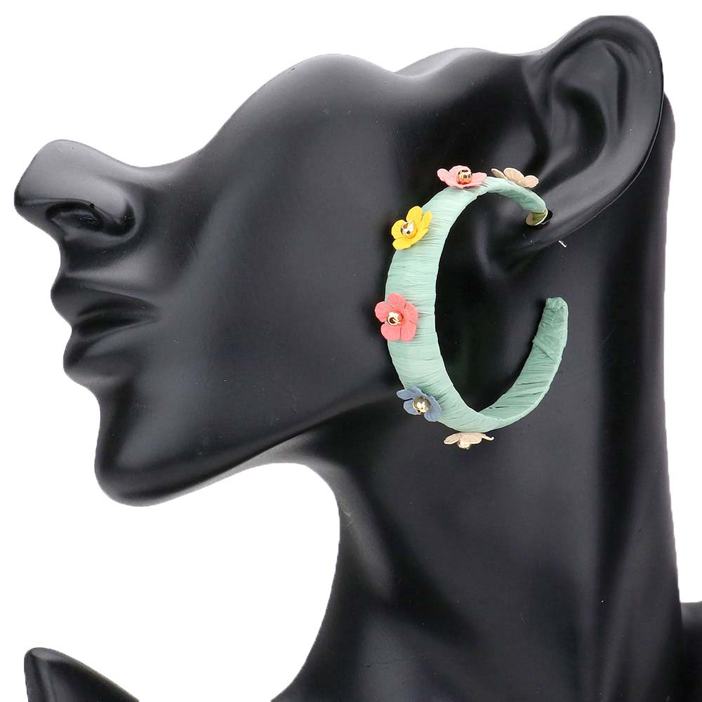 Black Flower Embellished Raffia Wrapped Half Hoop Earrings, enhance your attire with these beautiful raffia-wrapped Hoop earrings to show off your fun trendsetting style. It is perfect for flower lovers. These are perfect gift ideas for a Birthday, Holiday, Anniversary, Valentine's Day, Mother’s Day, Parties, etc.