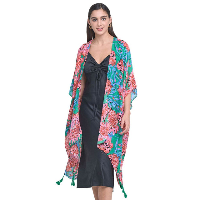 Green Flower Patterned Cover Up Kimono Poncho, this timeless cover up kimono poncho is Soft, Lightweight, and breathable fabric, close to the skin, and comfortable to Wear. sophisticated, flattering, and cozy. look perfectly breezy and laid-back as you head to the beach.