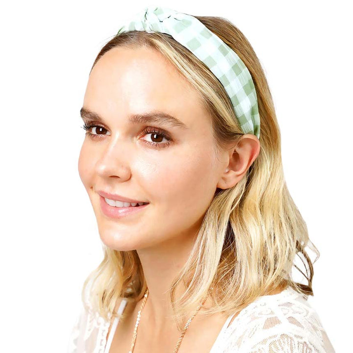 Green Gingham Check Patterned Burnout Knot Headband, create a natural & beautiful look while perfectly matching your color with the easy-to-use check patterned knot headband. Push your hair back and spice up any plain outfit with this knot check-patterned headband! Be the ultimate trendsetter & be prepared to receive compliments wearing this chic headband with all your stylish outfits!