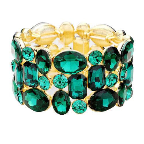 Green Glass Crystal Stretch Evening Bracelet. This Evening Bracelet sparkles all around with it's surrounding round stones, stylish evening bracelet that is easy to put on, take off and comfortable to wear. It looks stylish and is just the right touch to set off your dress. Suitable for Night Out, Party, Formal, Special Occasion, Date Night, Prom.