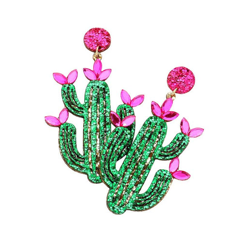 Glittered Cactus Dangle Earrings - Green