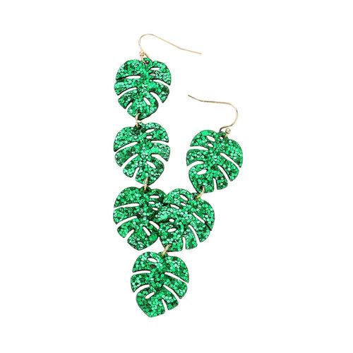 Glittered Triple Tropical Leaf Link Dangle Earrings - Green