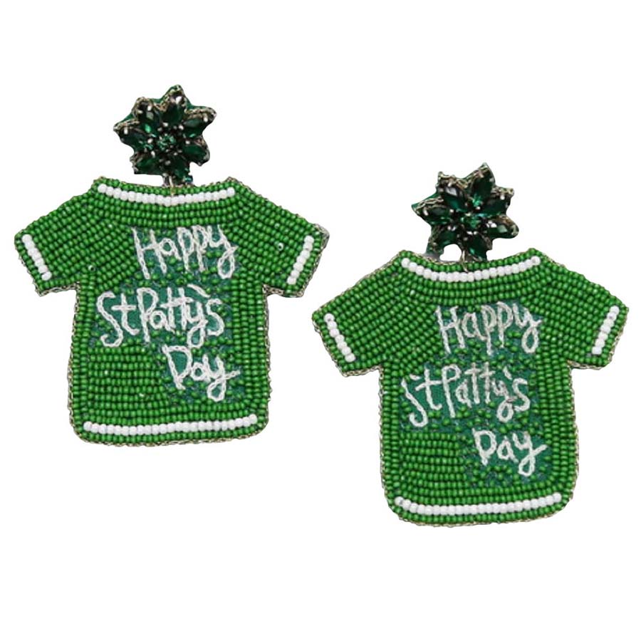 Green HAPPY ST PATTY'S DAY Shirt Seed Bead Earrings, make an individual statement of fashion with this beautiful shirt seed beaded earrings. Put on a pop of color to complete your ensemble stylishly with these St Patrick's Day-themed shirt seed bead earrings. It will be your new favorite accessory to enlighten your perfect beauty at any place, anytime.
