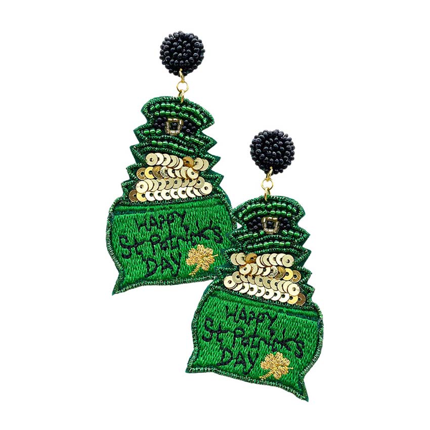 Black Happy St. Patrick's Day Felt Back Pot of Gold Shamrock Dangle Earrings, these adorable felt-back beaded earrings are a wonderful accessory for your St.Patrick's Day outfit. These playful ST Patrick's holiday cheer earrings feature a pot of gold design accents with lucky green beads.
