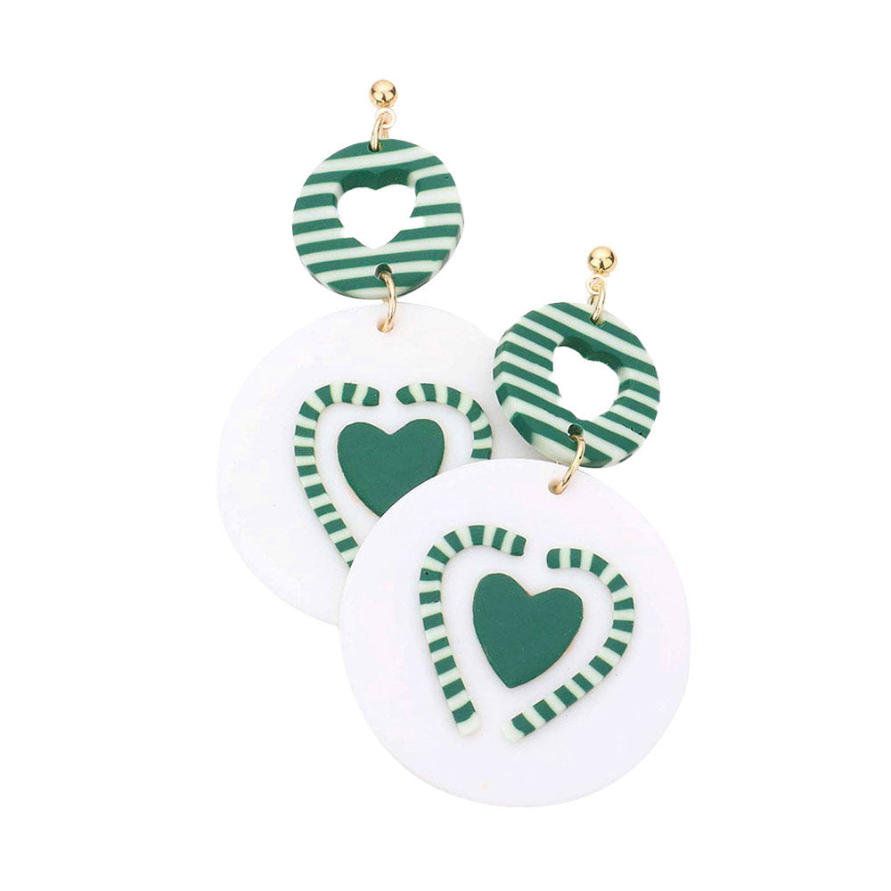 Green Heart Candy Cane Accented Round Polymer Clay Dangle Earrings, get ready with these beautiful heart candy cane earrings to receive compliments this Christmas. Add a pop of color to your ensemble with a nice glow. Perfect for adding just the right amount of shimmer & shine and a touch of class to special events.