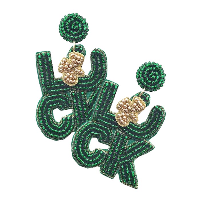 Green LUCK St. Patrick's Day Felt Back Seed Beaded Message Dangle Earrings, These LUCK message dangle earrings will be the highlight of any outfit and add a touch of whimsy to your costume jewelry collection in this St. Patrick's Day! Get into the holiday spirit with our gorgeous handcrafted earrings. Bright designs with message-themed colors and patterns will be the perfect and trendy choice for your special events. Ideal gift for your loved ones, girlfriend, wife, daughter, or sisters.