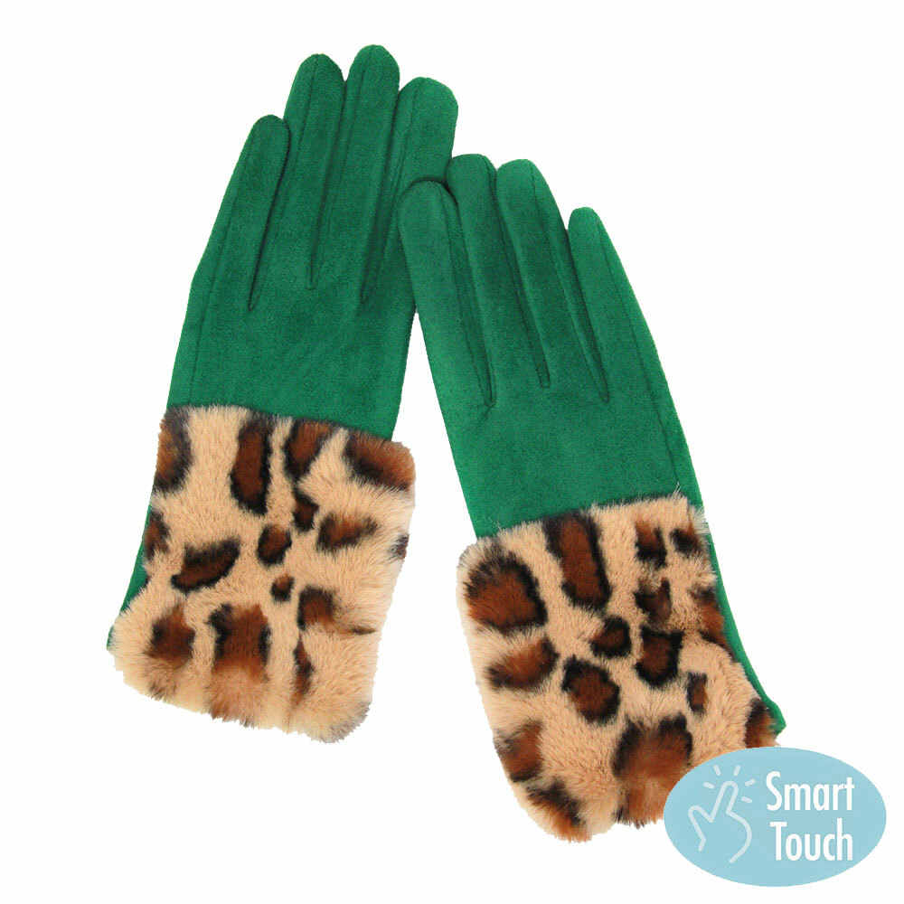 Green Leopard Patterned Faux Fur Cuff Accented Soft Suede Smart Gloves, gives your look so much eye-catching texture w cool design, a cozy feel, fashionable, attractive, cute looking in winter season, these warm accessories allow you to use your phones. Perfect Birthday Gift, Valentine's Day Gift, Anniversary Gift.