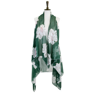 Green Lily Flower Patterned Chiffon Cover Up Vest, The Luxurious, trendy, super soft lightweight Vest top is made of soft and breathable Polyester material. The Flower Patterned Chiffon Vest Cover up with open front design. Perfect Gift for Wife, Birthday, Holiday, Anniversary, Just Because Gift, Fun Night Out.