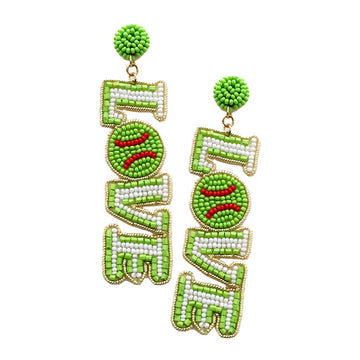 Green Love Felt Back Seed Beaded Softball Message Dangle Earrings. This Love message sports theme earring show your love for the game when accessorizing your Game Day look with these uniquely beaded football dangle earrings! Dress up with your team cloth, tank, t-shirt or any other outfit, You‚Äö√Ñ√¥ll get plenty of compliments on these fun and pretty earrings!