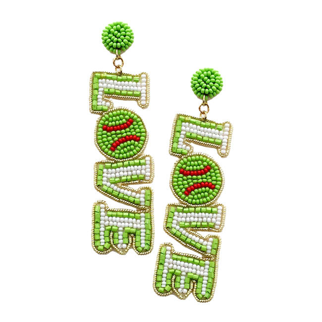 Green Love Felt Back Seed Beaded Softball Message Dangle Earrings. This Love message sports theme earring show your love for the game when accessorizing your Game Day look with these uniquely beaded football dangle earrings! Dress up with your team cloth, tank, t-shirt or any other outfit, You’ll get plenty of compliments on these fun and pretty earrings!