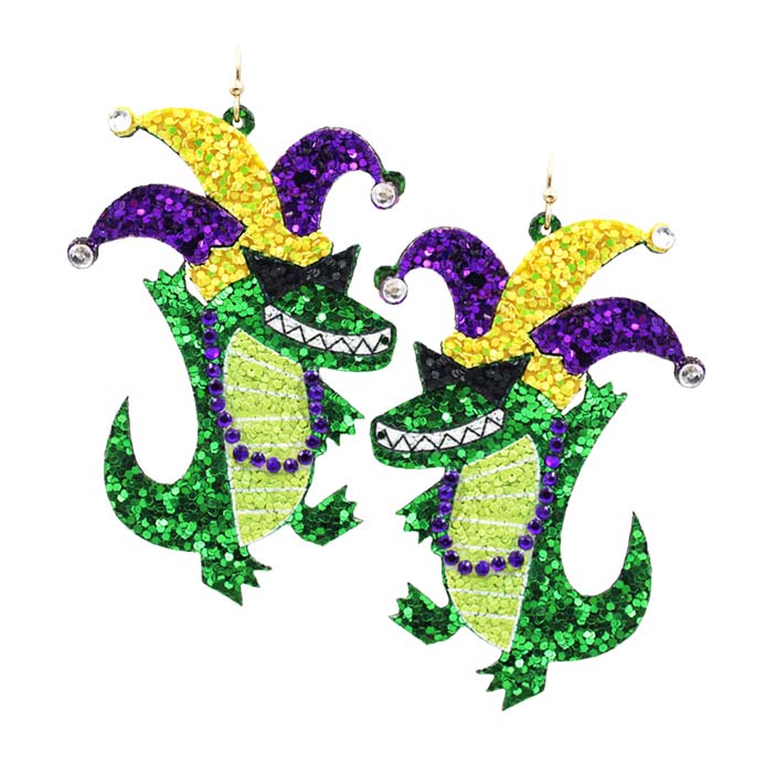 Green Mardi Gras Glittered Crocodile Dangle Earrings, are beautifully designed with a polished finish and lifelike details. It will add a unique attraction to your attire & draw attention to you on Mardi Gras. This Mardi Gras-themed finely crafted jewelry is an unforgettable, unique gift for women. The crocodile earrings are perfect for a Holiday gift, Mardi Gras, Anniversary gift,  Birthday gift, or Valentine's Day gift for a woman or girl of any age.