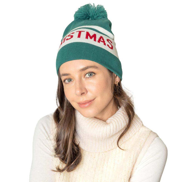 Green Merry Christmas Message Pom Knit Beanie Hat, Before running out the door into the cool air or Christmas Party, you’ll want to reach for this toasty beanie to keep you incredibly warm and toasty. Whenever you wear this beanie hat with a Christmas Candy Cane design, you'll look like the ultimate fashionista to drag the crowd's attraction at the Christmas party. Accessorize the fun way with this faux fur pom pom hat