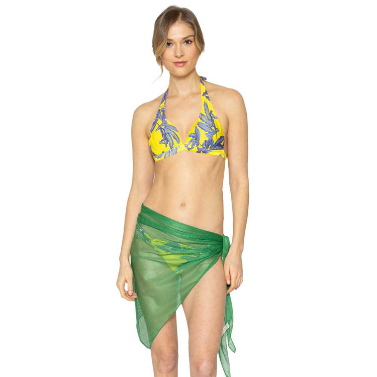 Green Mesh Net Triangular Sarong Scarf, Cute sarong coverups for women is made of breathable fabric. Sarong is perfect sexy, classy shape so that it ties on the side. beach bikini cover-up, bathing suit coverup, beach sun protective shawl, sarong dress, beach blanket, head scarf, chest coverage, short wrap skirt, tunic top or basic cover. Perfect accessory for beachwear, resort, pool party, lake, vacation.