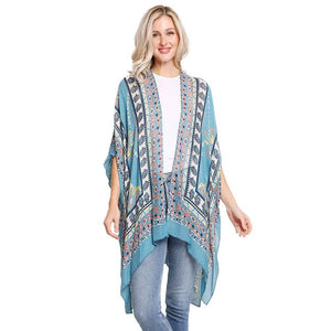 Green Multi Patterned Cover Up Kimono Poncho, on trend & fabulous, a luxe addition to any weather ensemble. The perfect accessory, luxurious, trendy, super soft chic capelet, keeps you very comfortable. You can throw it on over so many pieces elevating any casual outfit! Perfect Gift for Wife, Mom, Birthday, Holiday, Anniversary, Fun Night Out.
