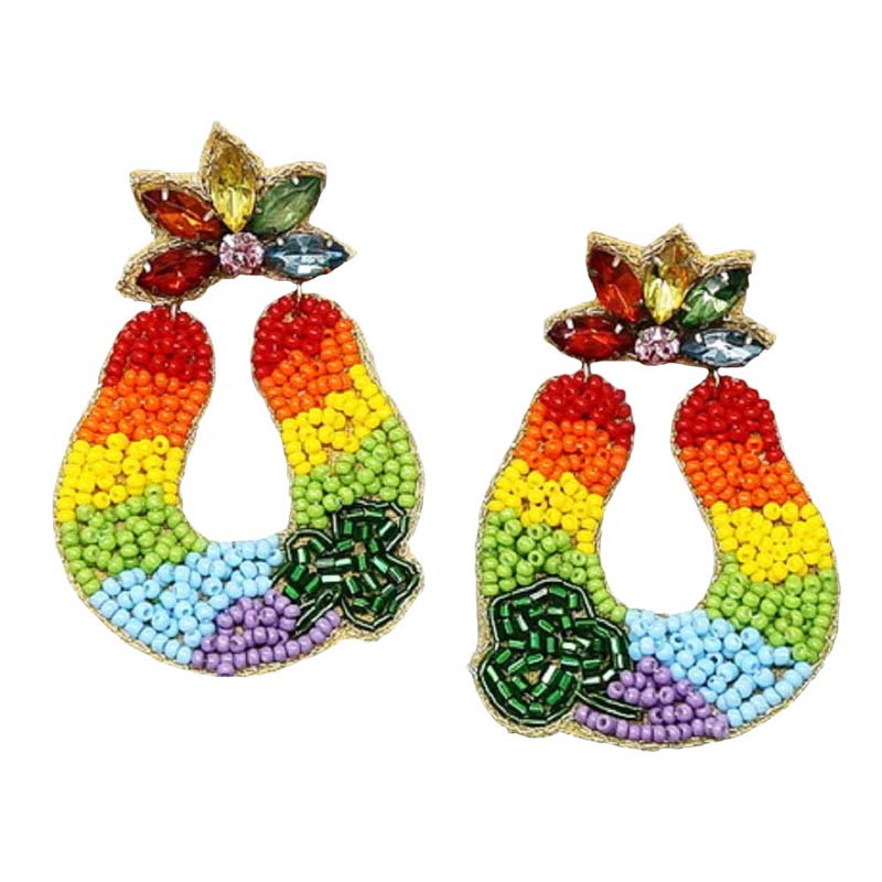 Green Multi Rainbow With Shamrock Seed Bead Earrings, these adorable seed-beaded earrings are a wonderful accessory for your St.Patrick's Day outfit or anytime you need some extra luck! This pair of beaded St.Patrick's Day rainbow earrings will drop effortlessly from the lobe, bringing positive attention to that beautiful face. 