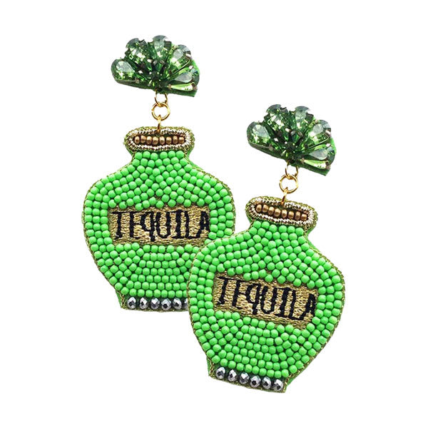 Green Neon Felt Back Seed Beaded Tequila Dangle Earrings. These fashionable trendy tequila bottle earrings  are suitable for every girl!  Beautifully crafted earrings that dangle on your earlobes with a perfect glow to make you stand out and show your unique and beautiful look everywhere, every time. Put on a pop of color to complete your ensemble in a gorgeous way. 