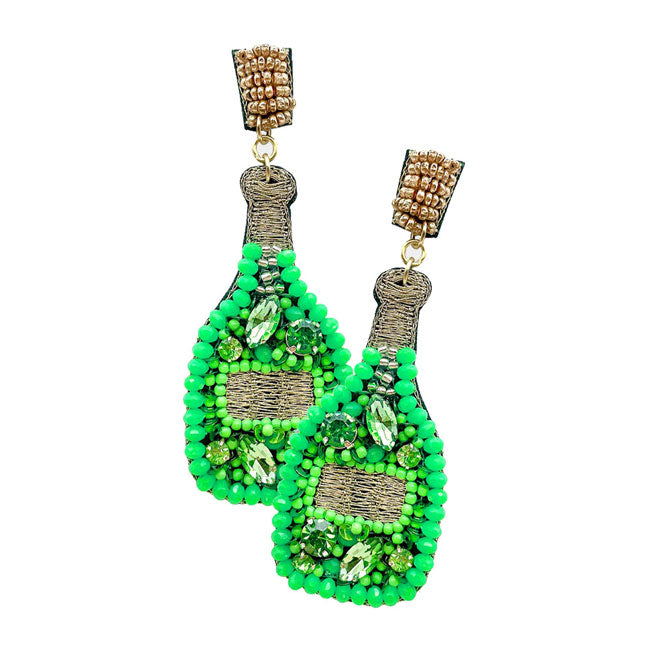 Green Neon Felt Back Stone Embellished Champagne Dangle Earrings. Beautifully crafted design adds a gorgeous glow to any outfit. Jewelry that fits your lifestyle! Perfect Birthday Gift, Anniversary Gift, Mother's Day Gift, Anniversary Gift, Graduation Gift, Prom Jewelry, Just Because Gift, Thank you Gift.