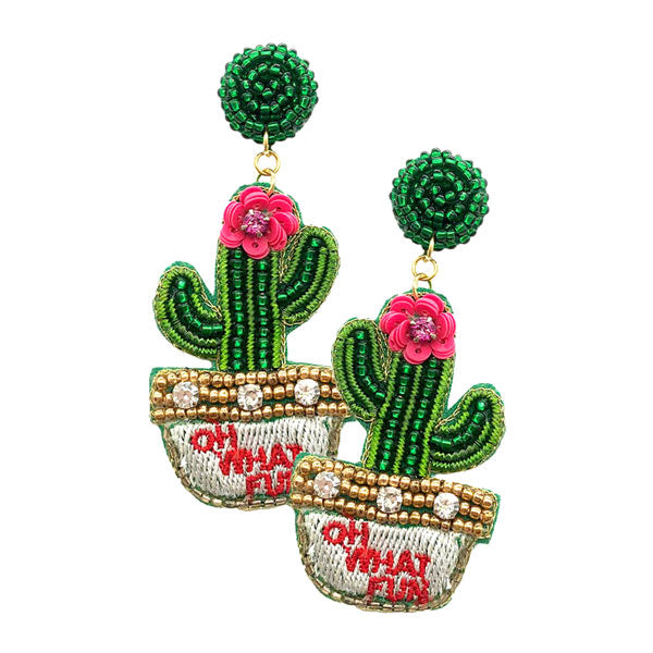 Green Oh What Fun Felt Back Beaded Cactus Dangle Earrings. Take your love for statement accessorizing to a new level of affection with these beaded cactus earrings! Highlight your appearance, grasp everyone's eye in your party. Light weight and comfortable to wear, adopt to current popular trend element of beads, give you charming look and win more compliments, With this vibrant color earring, show off for a day at the beach, Summer pretty!