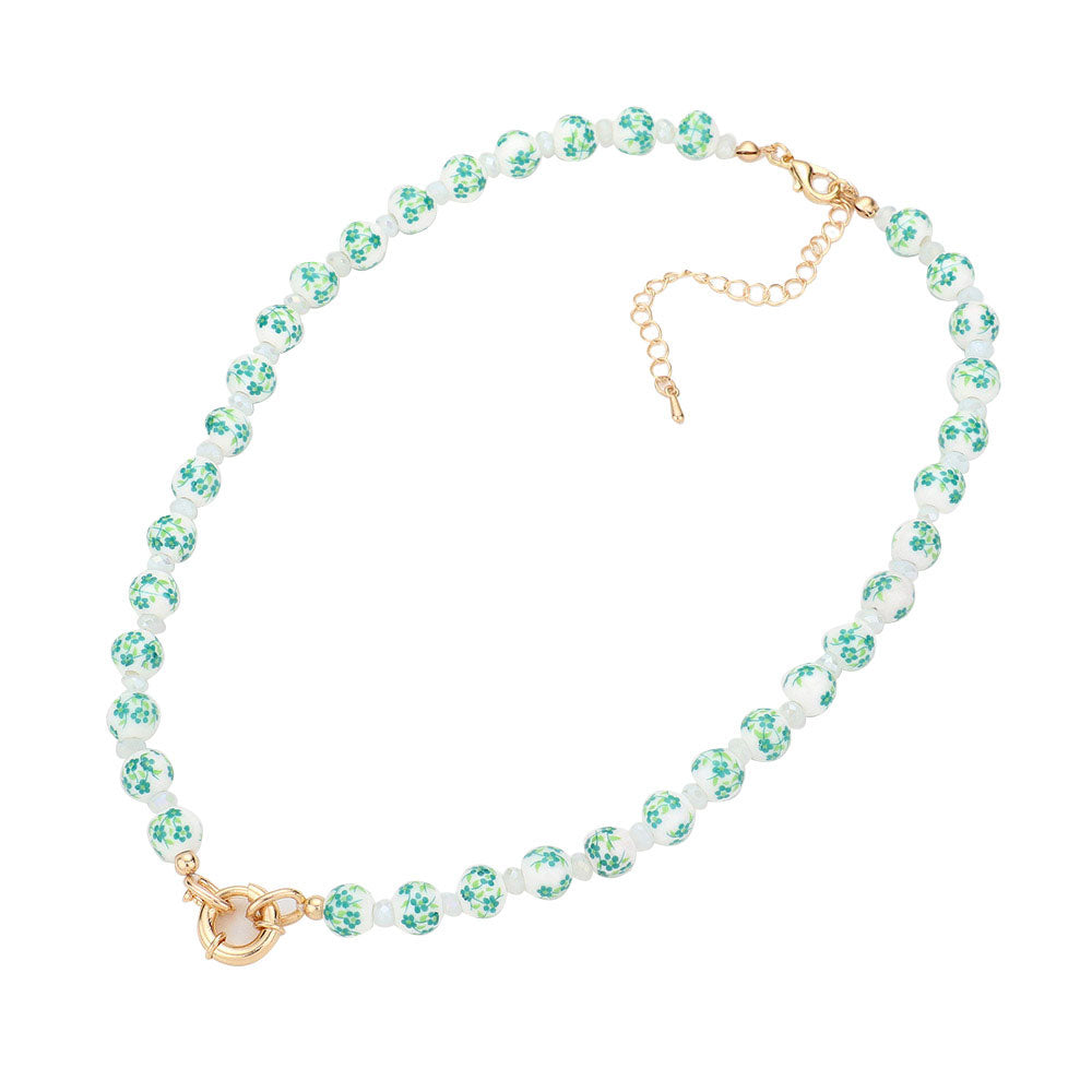 Green Open Circle Accented Flower Patterned Beaded Necklace, put on a pop of color to complete your ensemble. Perfect for adding just the right amount of shimmer & shine and a touch of class to special events. Perfect Birthday Gift, Anniversary Gift, Mother's Day Gift, Valentine's Day Gift.
