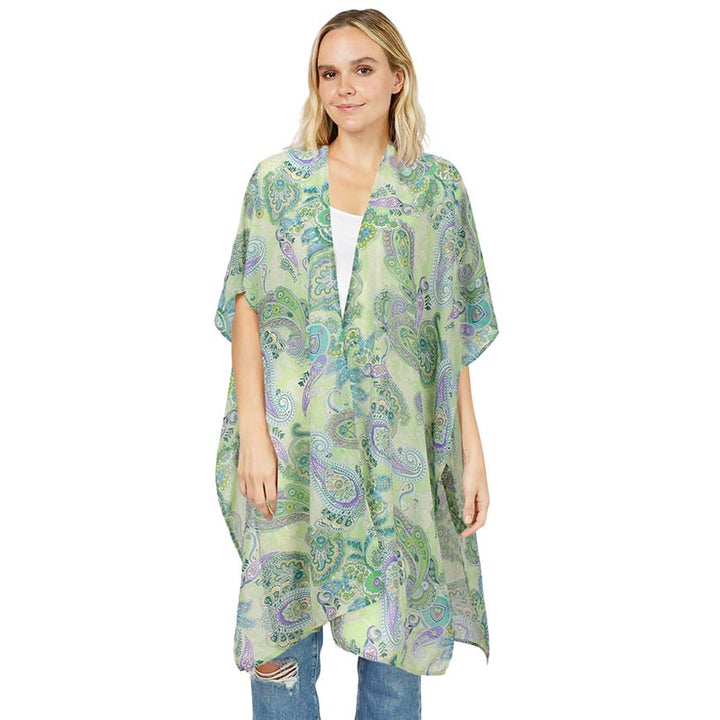 Green Paisley Patterned Cover Up Kimono Poncho, beautifully paisley-patterned Poncho is made of soft and breathable material that amps up your real and gorgeous look with a perfect attraction anywhere, anytime. Its eye-catchy design makes you stand out. Coordinate this cover-up kimono with any ensemble to finish in perfect style and get ready to receive beautiful compliments.