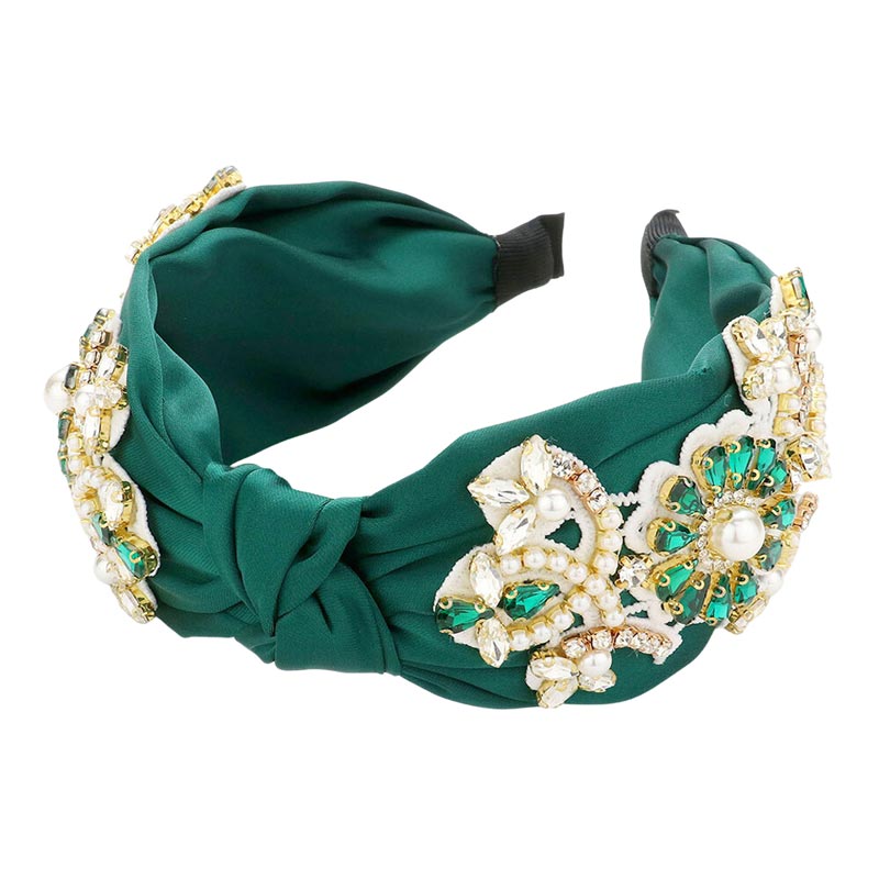Green Pearl Stone Embellished Flower Burnout Knot Headband, the combination of stone sewn on an oversized headband will make you feel glamorous. Be ready to receive compliments. Be the ultimate trendsetter wearing this chic headband with all your stylish outfits! Exquisite enough to use on the wedding day.