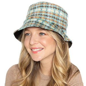 Green Polyester Plaid Check Patterned Bucket Hat, this bucket hat doubles as a rain hat and is snug on the head and stays on well. It will work well to keep the rain off the head and out of the eyes and also the back of the neck. Wear it to lend a modern liveliness above a raincoat on trans-seasonal days in the city.