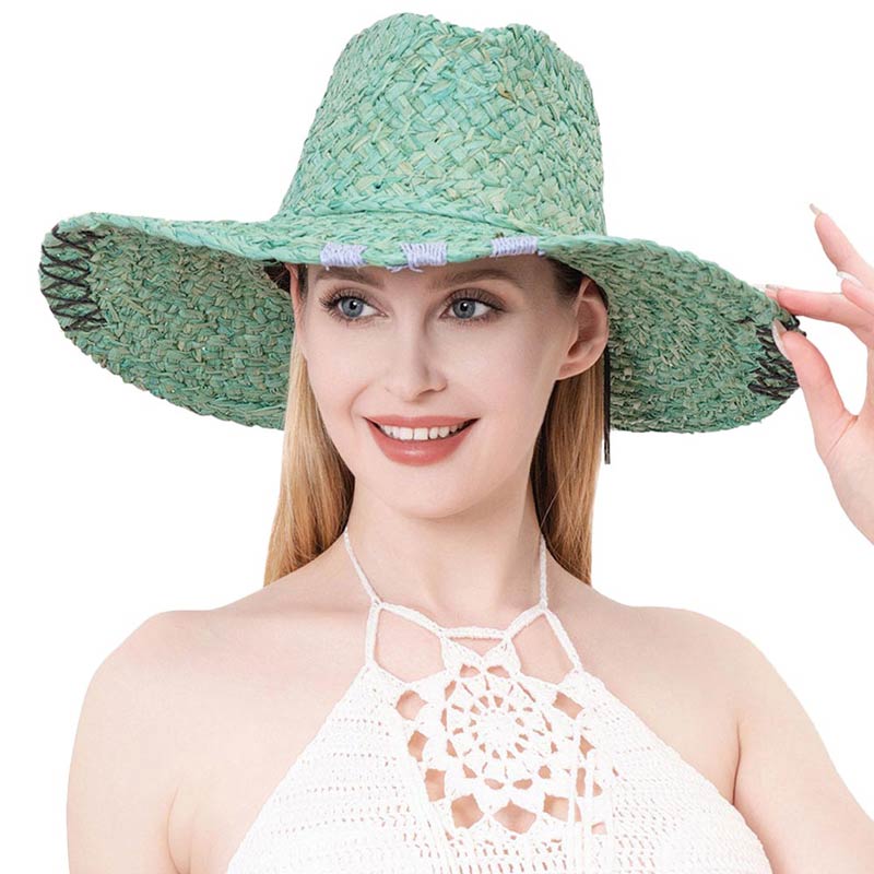 Green Raffia Pointed Straw Sun Hat, This raffia Pointed Straw sun hat features a large brim and a lovely textured hat bucket. Not only functional but very stylish, the Sun Hat will give your outfit an individual, elegant touch. Perfect gifts for weddings, holidays, or any occasion. Due to this, all eyes are fixed on you.