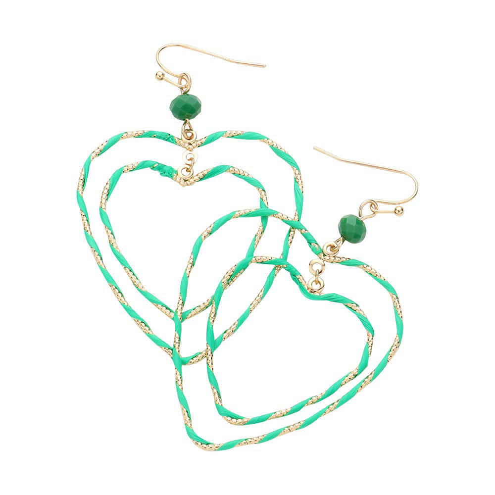 Green Raffia Wrapped Double Open Heart Link Dangle Earrings, enhance your attire with these beautiful raffia-wrapped dangle earrings to show off your fun trendsetting style. It can be worn with any daily wear such as shirts, dresses, T-shirts, etc. These heart-link dangle earrings will garner compliments all day long. 