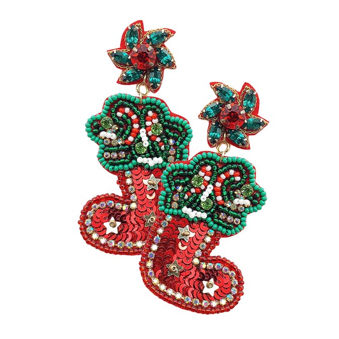 Green Red Felt Back Sequin Beaded Christmas Socks Dangle Earrings, The perfect holiday Christmas Socks earrings to celebrate the season in a stylish and unique way. Embrace the Christmas spirit with these awesome Sequin Beaded Christmas earrings. These adorable Felt Back dangle earrings are bound to cause a smile.