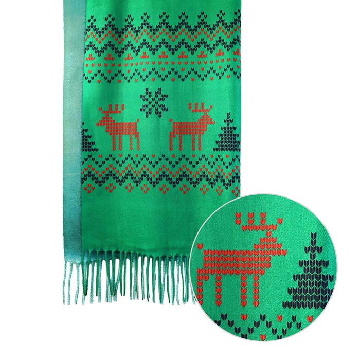 Green Reindeer Pointed Holiday Scarf, is a nice decoration for your attire. The attractive Christmas theme Raindeer pointed design makes this scarf excellent to enrich your beauty to a greater extent at the Christmas party. It perfectly adds luxe and represents the perfect class to your ensemble. Absolutely glamorous and made with a plush material that feels amazing and snuggle