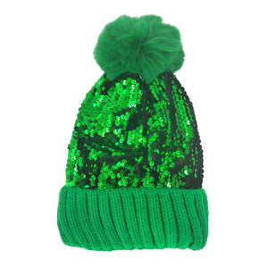 Green Sequin Pom Pom Knit Beanie Hat, Knitted Beanie is designed with sequins and pom pom, chic and lovely, to make you more charming and attractive in autumn and winter. The beanie hat for women is made from high-quality material and sequins, which is chunky and warm, making it ideal for winter warmth, while be stylish in the crowds at the same time.