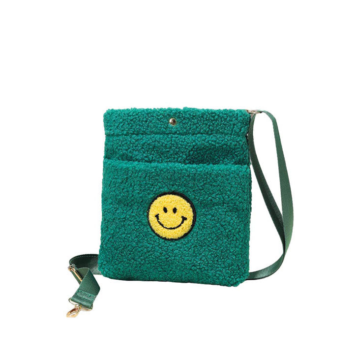 Green Smile Pointed Sherpa Rectangle Crossbody Bag, This high quality smile crossbody bag is both unique and stylish. perfect for money, credit cards, keys or coins, comes with a belt for easy carrying, light and simple. Look like the ultimate fashionista carrying this trendy Smile Pointed Sherpa Rectangle Crossbody Bag!