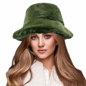 Green Soft Faux Fur Bucket Hat, stay warm and cozy, protect yourself from the cold, this most recognizable look with remarkable bold, soft & chic bucket hat, features a rounded design with a short brim. The hat is foldable, great for daytime. Perfect Gift for cold weather; Black, Brown, Burgundy; 100% Acrylic;